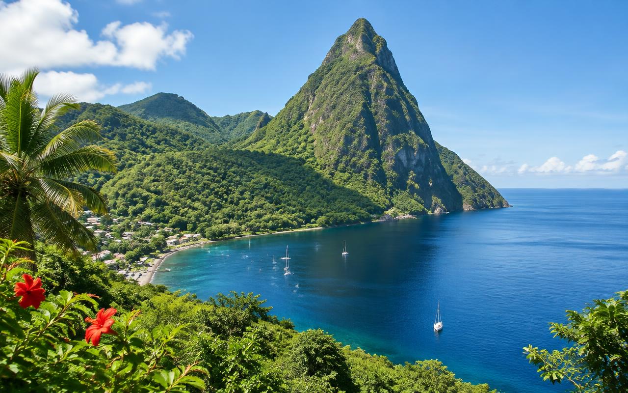 A volcanic Piton rising above a green bay in Saint Lucia