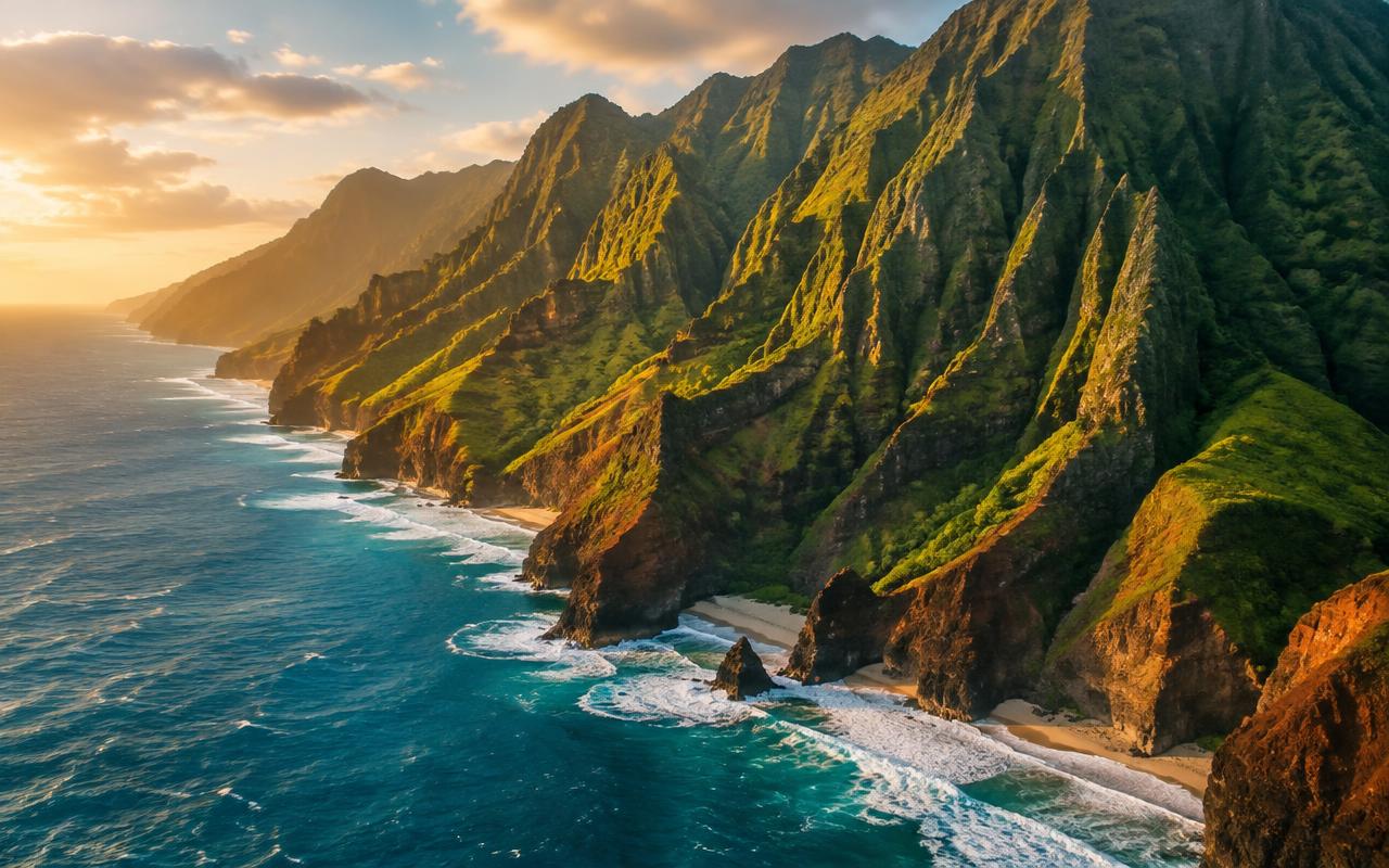 The fluted green cliffs of the Na Pali Coast falling into the surf on Kauai, Hawaii