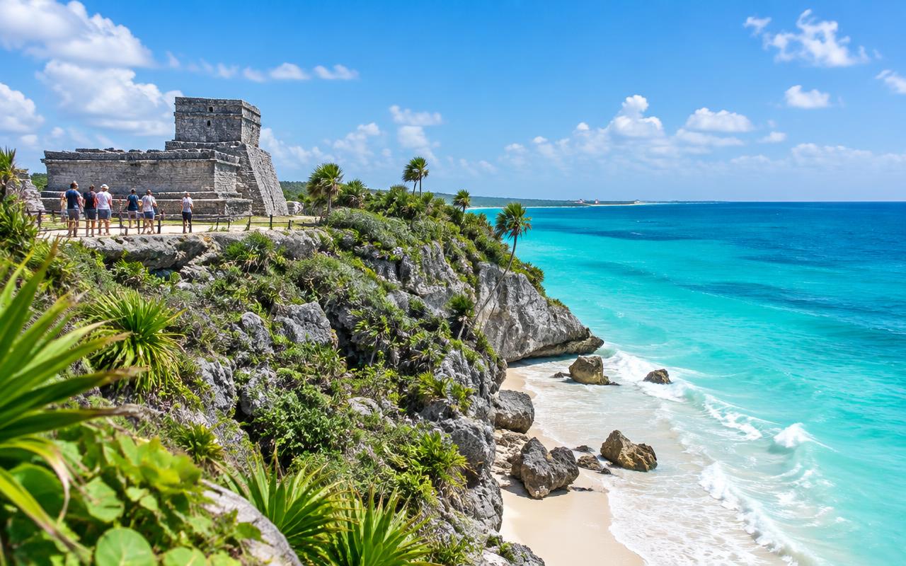 Mayan ruins on a limestone headland above the turquoise sea at Tulum, Mexico